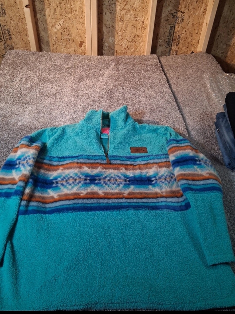 Southern Fried Chics Teal Sherpa Quarter-Zip Sweater with Striped Pattern